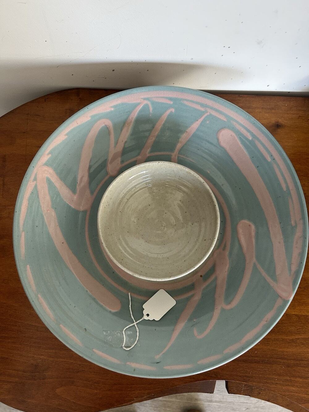 Pink and Blue Signed Handmade Ceramic Chip And Dip Bowl W 14” H 2.5”
